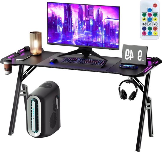 Gaming bureau met LED - Speeltafel PC tafel - Gamen en werken - Koolstofvezel oppervlak - 140 x 60 cm van Merkloos