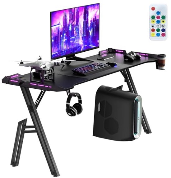 Gaming Bureau met LED Verlichting - 160 cm Carbon Fiber Tafel met Kopjeshouder en Hoofdtelefoonhaak van Merkloos