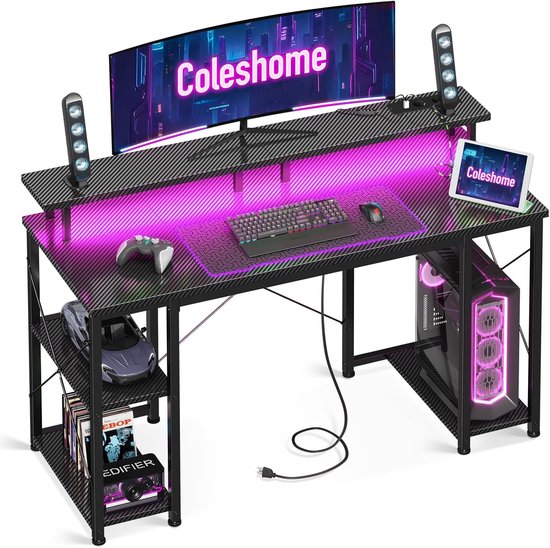 Gaming Bureau Met LED Verlichting en Omkeerbare Plank - PC Tafel voor Kantoor en Woonkamer - 120 x 50 cm