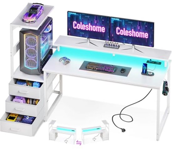 Gaming Bureau met LED-verlichting en Stopcontact - Reversibel Computertafel met Opbergruimte en Monitorstandaard - Koolstofvezel Wit 151 cm van Merkloos