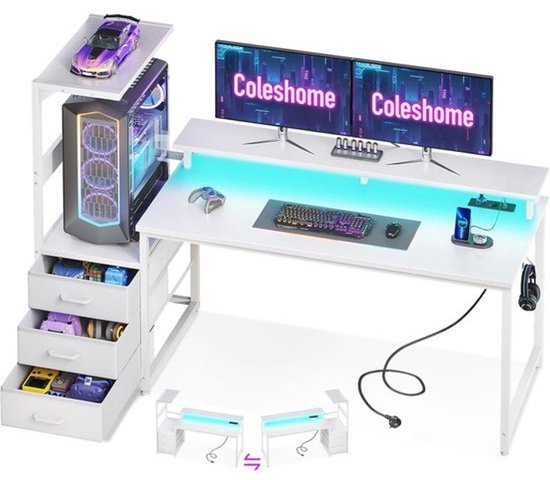 Gaming Bureau met LED-verlichting en Stopcontact - Reversibel Computertafel met Opbergruimte en Monitorstandaard - Koolstofvezel Wit 151 cm