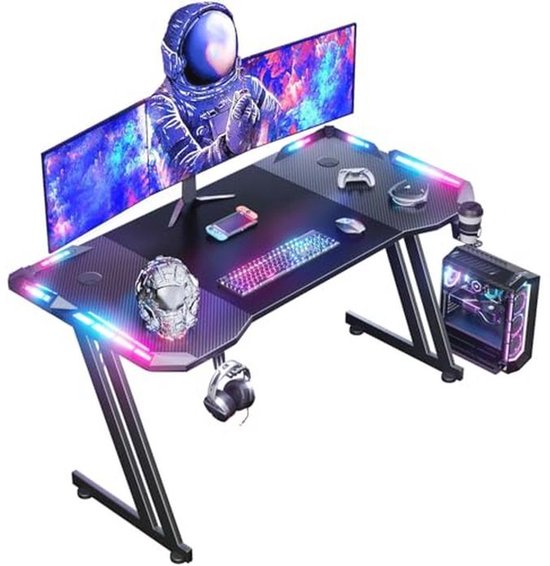 Gaming Bureau met LED Verlichting - Ergonomische PC-tafel 140 x 60cm met Koolstofvezel Blad en Z-vorm van Merkloos