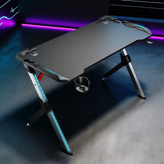Gaming Bureau met LED Verlichting - Ergonomische Tafel voor Gamen met Bekerhouder en Hoofdtelefoonhaak - 120 cm Zwart