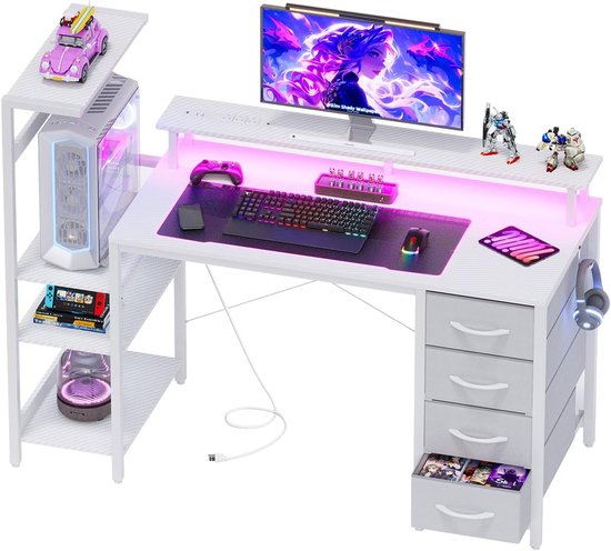 Gaming bureau - PC tafel - Comfortabel werken - Met RGB verlichting - 130 cm breed - Wit