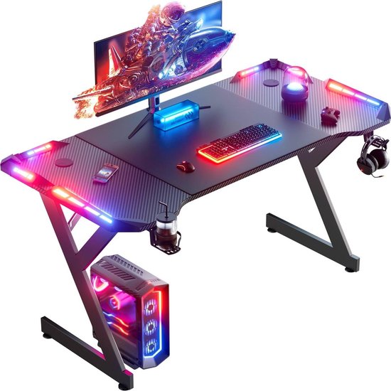 Gaming Bureau - PC Tafel - Studeren Spelen Werken - Met LED Verlichting - 140 x 60 cm - Zwart