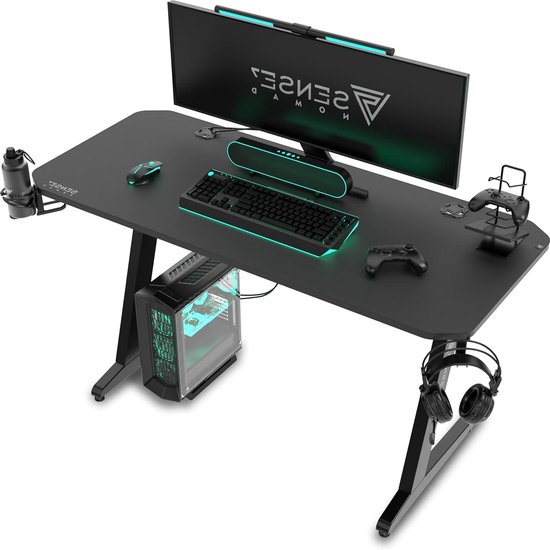 Gaming bureau - PC tafel werkstation - Productief werken gamen - Met accessoireshouders - 140 x 60 cm - Zwart