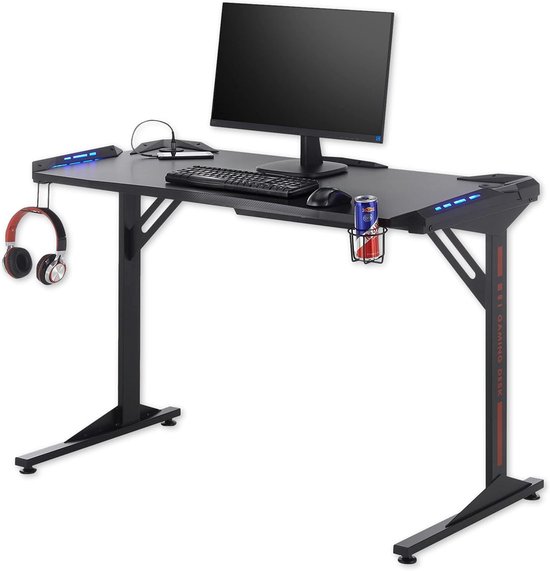 Gaming bureau - Speeltafel computer - Comfortabel gamen - Met ledverlichting - 119 x 60 cm - Zwart