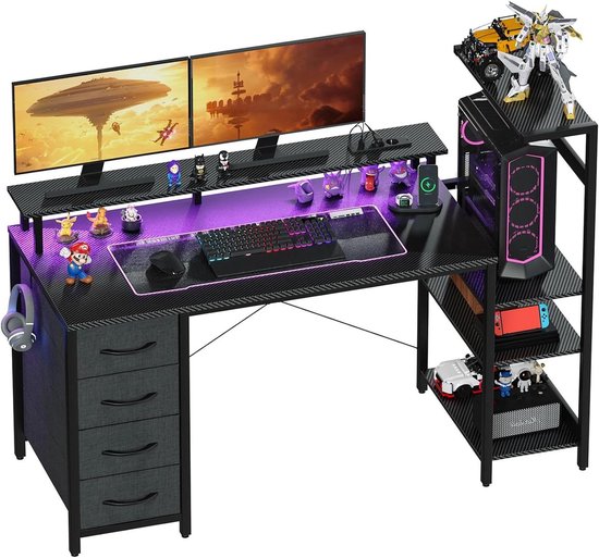 Gaming bureau - Speeltafel computer - Gaming setup creëren - Geïntegreerd stopcontact - 130 x 50 cm - Zwart
