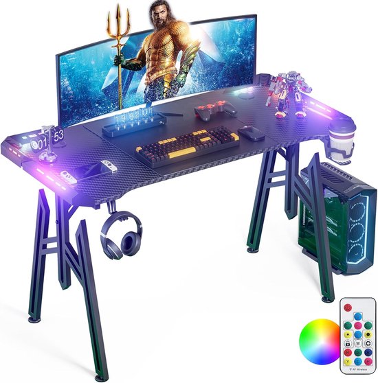 Gaming bureau - Speeltafel - Intensief gamen - Geïntegreerde LED verlichting - 120 x 60 x 73cm - Zwart van Merkloos