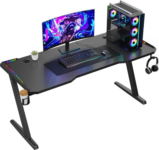 Gaming Bureau - Speeltafel Werkplek - Comfortabel Spelen - Geïntegreerde LED Verlichting - 140x60x73 CM - Zwart