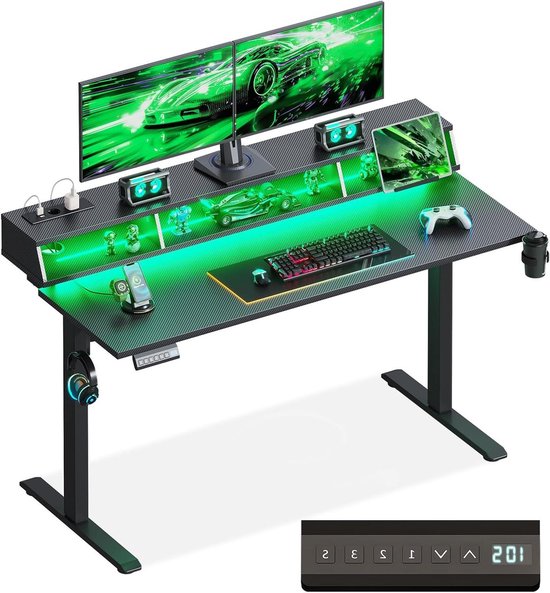 Gaming Bureau - Staand Bureau - Hoogte Verstelbaar - Met RGB LED - 140 x 57 Cm - Zwart
