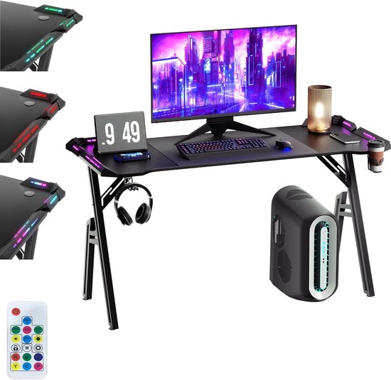 Gaming Bureau - Werktafel Bureau - Comfortabel Gamen - Ingebouwde LED Verlichting - 140x60x74 cm - Zwart