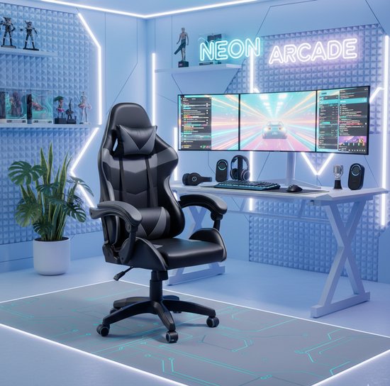 Gaming Bureaustoel Ergonomisch – Verstelbare Armleuningen, Kantelbaar & 360° Draaibaar, Hoofdsteun + Lendenkussen, Luxe Kunstleer, 150kg Draagkracht – Grijs/Zwart – House&Garden van Merkloos