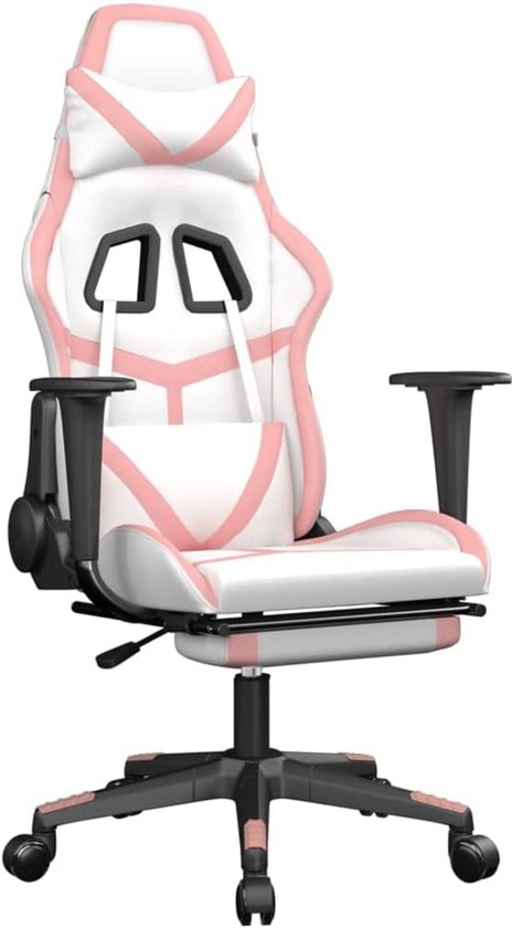 Gaming Chair met Voetsteun Kunstleer Wit en Roze - Verstelbare Racingstoel voor Gaming, TV en Kantoor