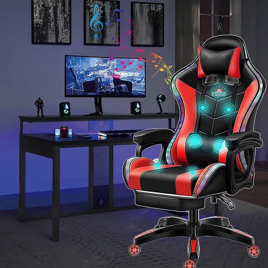 Gaming Chair with LED Lights and Speakers Computer Chair with Footrest and Lumbar Support Ergonomic High Back Office - ShopVlot
