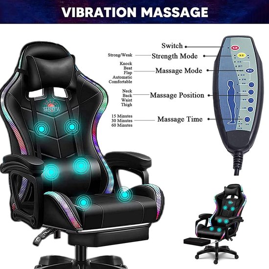 Gaming Chair with LED Lights Office Chair 7 Point Massage Computer Chair Ergonomic Racing Chair PU Leather Armchair - ShopVlot