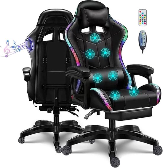 Gaming Chair with Speaker RGB LED Lights for Adults, Massage Video Chair PU Leather Ergonomic Racing Chair with - ShopVlot