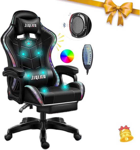 Gaming Chair with Speakers LED Lights,Massage Chair Height Adjustable Computer Desk Racing Chair with Discoloration - ShopVlot