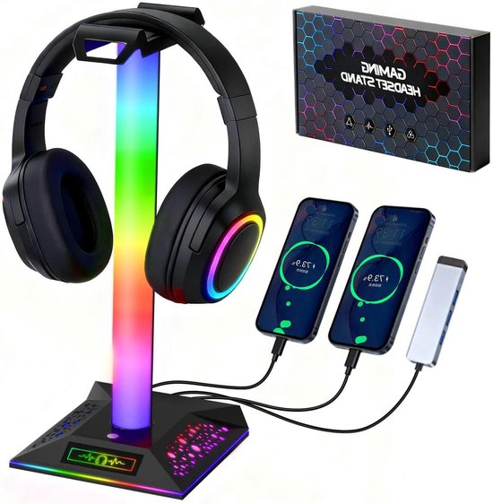 Gaming Headset Stand - Hoofdtelefoon Houder - Bureau Organisatie - 10 Verlichtingsmodi - 3 Oplaadpoorten - Zwart van Merkloos