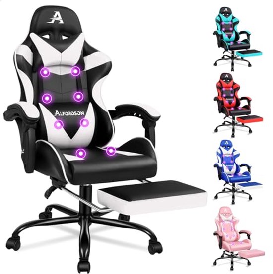 Gaming Massage Stoel - Ergonomische Bureaustoel met Hoof steun en Opvouwbare Voetensteun - Comfortabel en Verstelbaar - Draagvermogen 180 kg - Wit van Merkloos