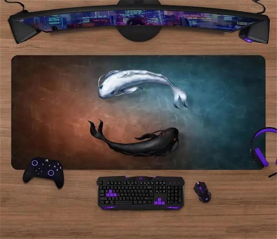 Gaming Muismat - Bureau Onderlegger - Nauwkeurig Gamen - Gestikte Randen - 100x50x02 cm - Zwart Wit Koi van Merkloos