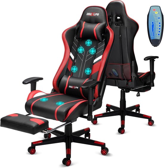 Gaming Stoel - Bureaustoel Ergonomisch - Lang Zitten - 7-Punts Massage - Tot 180 kg - Zwart Rood