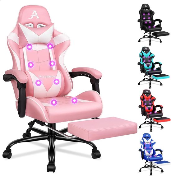 Gaming Stoel - Bureaustoel Massagestoel - Comfortabel Zitten - Verstelbare Rugleuning - 180 kg Capaciteit - Roze