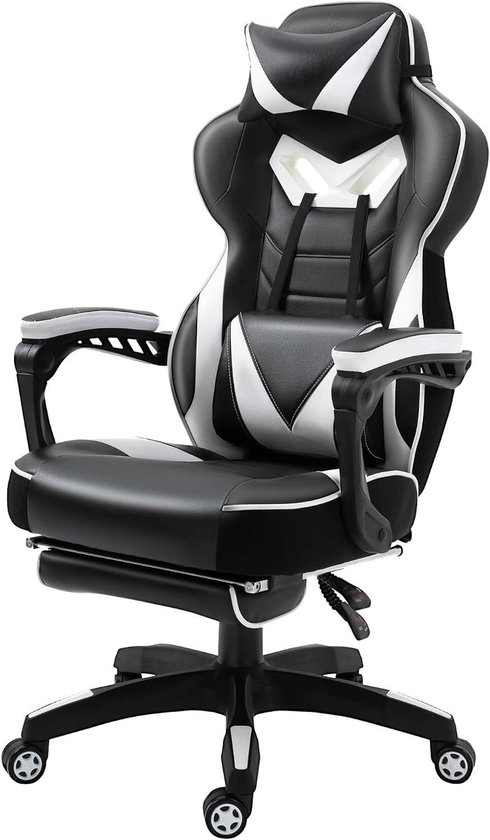Gaming Stoel - Bureaustoel Racing - Comfortabel Werken - Inclusief Voetensteun - 70 x 65 cm - Wit Zwart