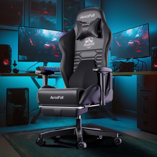 Gaming stoel - draaibare bureaustoel van PU-leer - hoogte en helling verstelbaar - met hoofdsteun en lendensteun - zwart Gaming chair van Merkloos