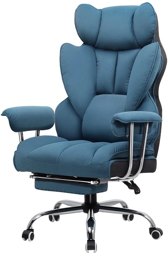 Gaming Stoel - Ergonomische Bureaustoel - Stoel - Bureaustoelen - met Voetsteun - Verstelbare Rugleuning - Vering en Dikke Zitting - Tot 150 kg - Stoffen Bekleding - Blauw van Merkloos