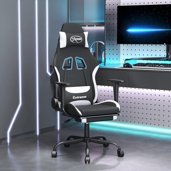 Gaming Stoel - Game Bureaustoel - Comfortabel Gamen - Inklapbare Voetensteun - Verstelbare Hoogte - Zwart Wit
