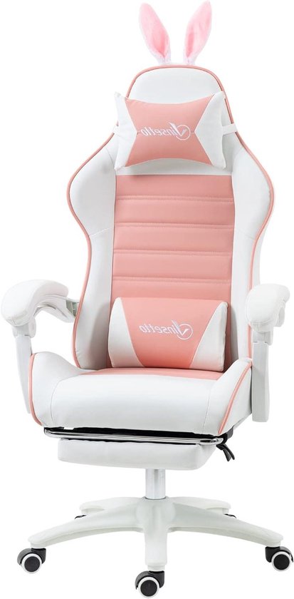 Gaming Stoel - Gamer Fauteuil - Comfortabel Spelen - Met Oren en Voetensteun - 142 cm Hoog - Roze