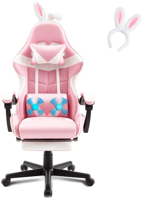 Gaming Stoel met Massagefunctie - Ergonomisch - Roze - Met Voetensteun van Wheel Stand Pro