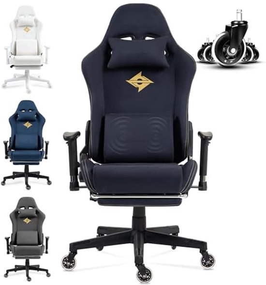 Gaming stoel met massagefunctie, verstelbare bureaustoel met luxe suede stof, 90-165 graden, geschikt voor 150 kg, zwart