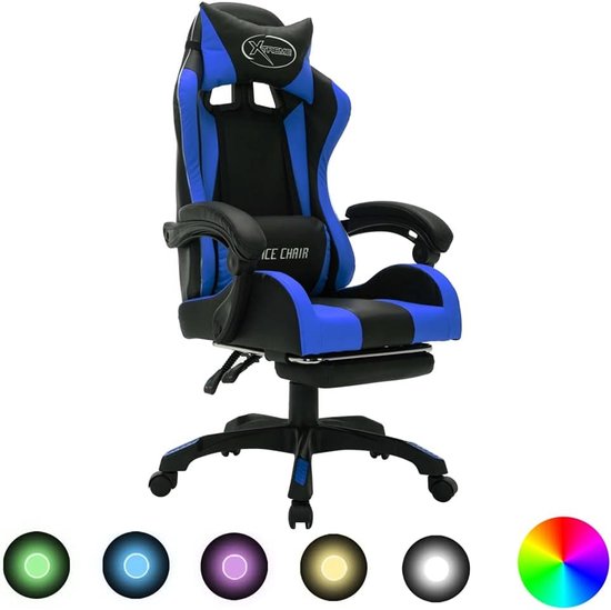 Gaming Stoel - Race Stoel - Intensief Gamers - RGB Verlichting - 64x65x1115cm - Blauw Zwart van Merkloos