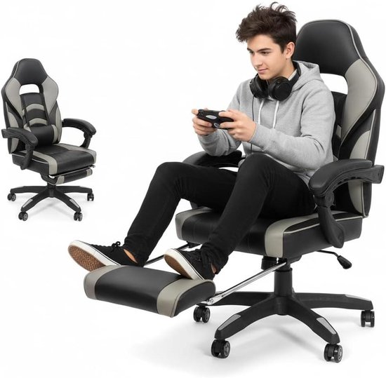 Gaming Stoel - Racestoel Bureau Stoel - Comfortabel Zitten - Verstelbare Rugleuning - XL - Grijs Zwart