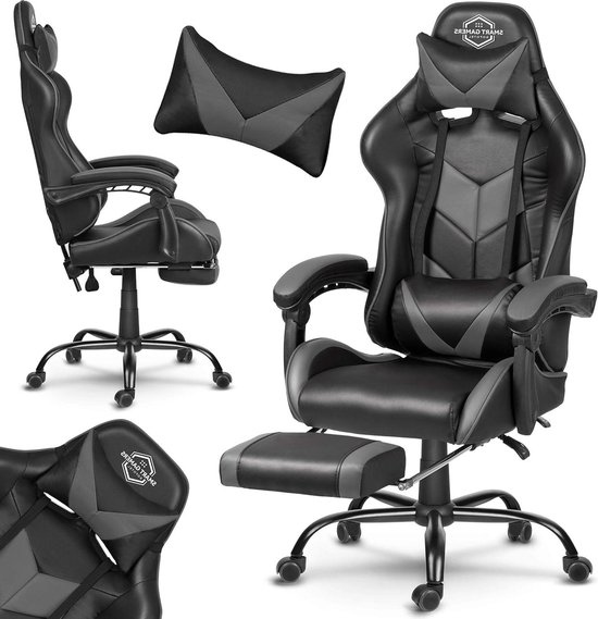 Gaming Stoel - Racestoel Kantoorstoel - Comfortabel Zitten - Verstelbare Voetensteun - Standaard - Zwart Grijs