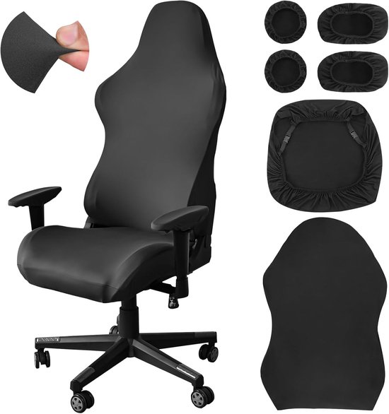 Gaming Stoel Set van 6 Stukken - Zachte Ademende Zwarte Stretch Cover met Arm- en Hoofdtelefoonaccessoires voor Kantoor en Computerstoelen