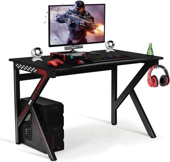 Gaming Tafel 113 cm - Ruime MDF Bureaublad met K-Vormige Constructie, Beugelhouder en Hoofdtelefoonhaak - Stabiele PC Bureau voor Thuis en Kantoor van Merkloos