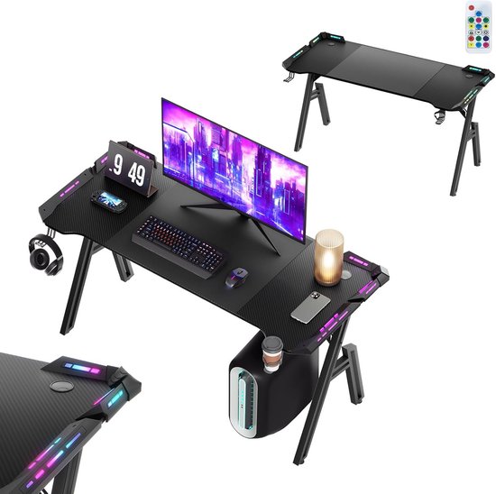 Gaming Tafel 140 x 60 cm - A-vormig Frame - Koolstofvezel Blad - RGB LED Verlichting - met Bekerhouder en Hoofdtelefoonhaak van LIFA LIVING