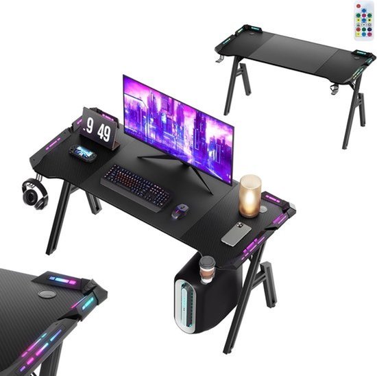 Gaming Tafel 140 x 60 cm - A-vormig Frame - Koolstofvezel Blad - RGB LED Verlichting - met Bekerhouder en Hoofdtelefoonhaak