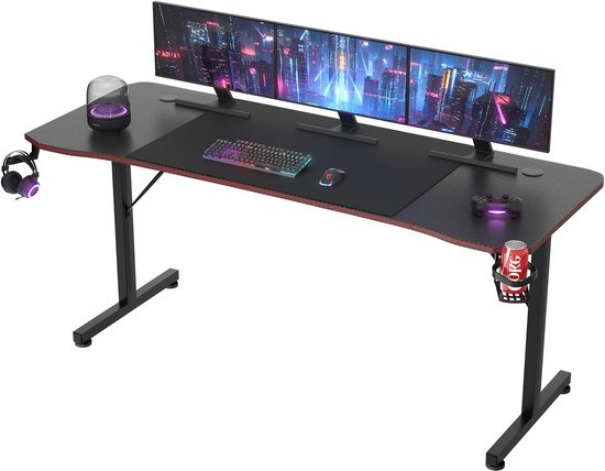 Gaming Tafel 180 x 60 cm - Zwart met Headsethouder en Beershouder van Merkloos
