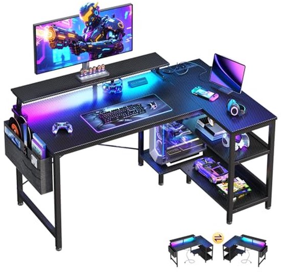 Gamingbureau 40 inch met USB-stopcontacten en LED-verlichting - Omkeerbaar L-vormig Computerbureau voor Thuiskantoor met Opbergplanken en Monitorstandaard