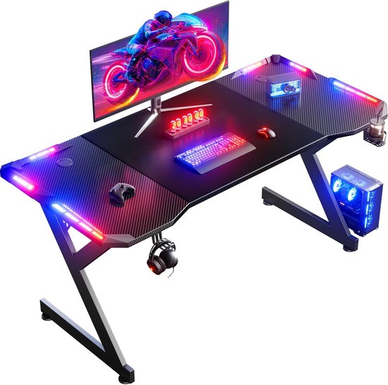 Gamingbureau - Computertafel - Gaming en werk - Koolstofvezel blad - 160 x 60 cm - Zwart