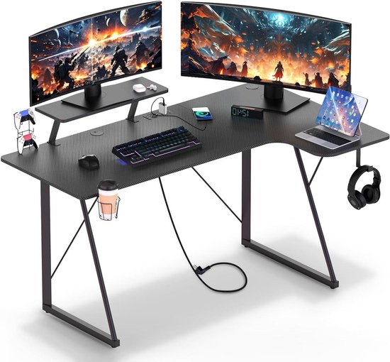 Gamingbureau Hoekbureau - Gamer tafel Werkplek - Spelen en Werken - Met Stopcontacten en USB - 150x90x75 cm - Zwart van Merkloos