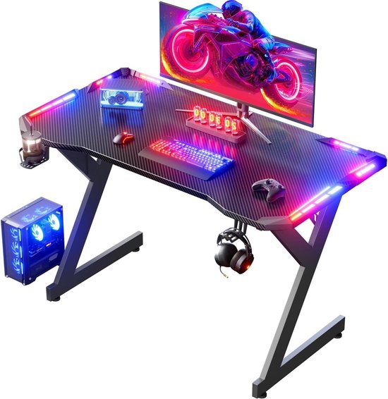 Gamingbureau met LED - Computertafel Werkstation - Gamen en Studeren - Koolstofvezel Oppervlak - 100 x 60 cm - Zwart