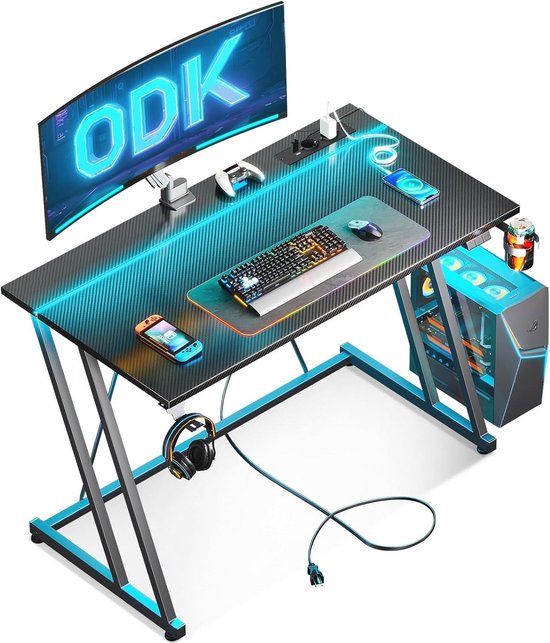 Gamingbureau met LED en stopcontact - Gamingtafel met bekerhouder en hoofdtelefoonhaak - Dubbel Z-design van zwarte koolstofvezel - 80 x 50 cm