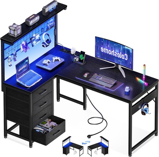 Gamingbureau met LED - Hoekbureau Opbergruimte - Efficiënt Werken - Omkeerbaar L-vormig ontwerp - 110 x 80 cm - Zwart