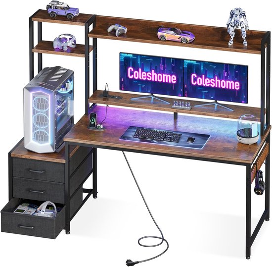 Gamingbureau met LED-verlichting en Ingebouwde Oplader, Ruimtelijke Computertafel met Opbergplanken