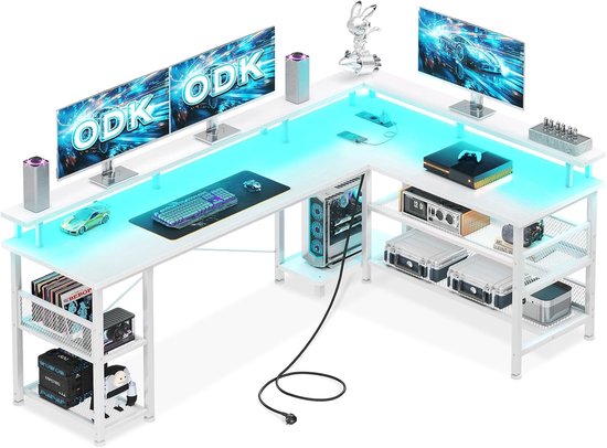 Gamingbureau met LED-verlichting, omkeerbaar en groot hoekbureau met extra stopcontacten en USB-poorten van Merkloos